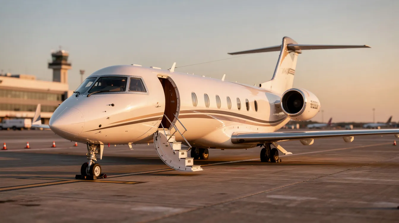 A modern private jet is parked on the airport tarmac, showcasing its sleek design with a straight tail and deployed boarding stairs, ready for passengers. The aircraft features prominent landing and taxi lights, highlighting its readiness for flight.