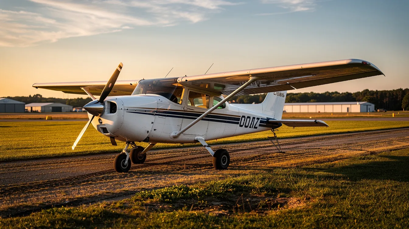 The image features a Cessna 150 aircraft, showcasing its all-metal fuselage and straight tail design. The plane is equipped with landing and taxi lights, and the interior includes an instrument panel with electric flaps, making it a popular choice among pilots for flight training and leisure flying.
