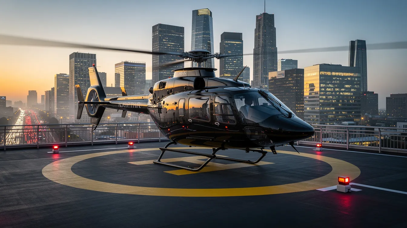 An executive helicopter is parked on a rooftop helipad, with a stunning city skyline in the background, showcasing iconic landmarks and creating a perfect setting for unforgettable helicopter rides. This image captures the essence of adventure and luxury, inviting passengers to explore the city from above.