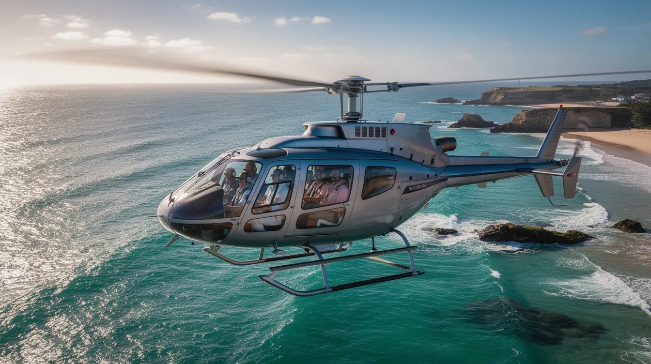 A helicopter flies gracefully over stunning coastal waters, with passengers visible through the windows, enjoying their unforgettable journey. This helicopter ride offers spectacular views, making it a perfect way to explore iconic landmarks and create lasting memories.