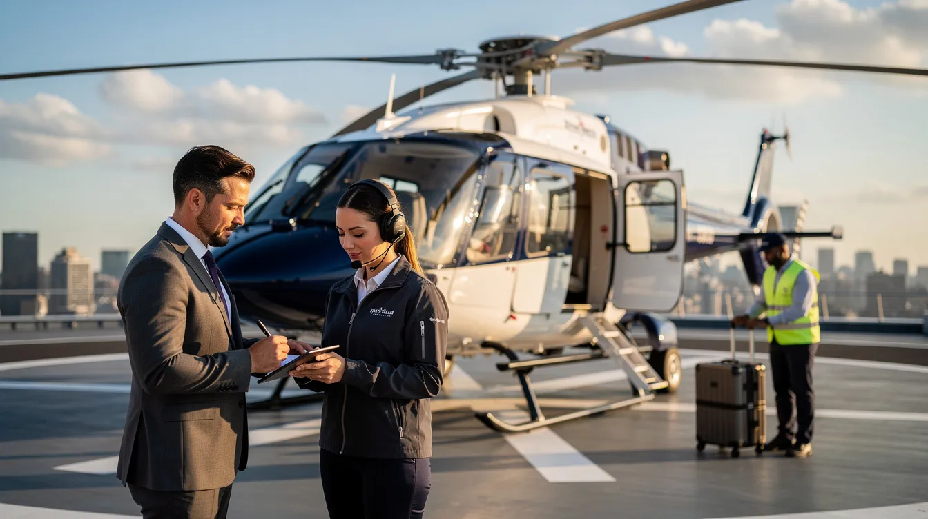 The image depicts a sleek Bell helicopter preparing for charter, showcasing its powerful engines and spacious cabin designed for passengers. It highlights the luxury service available for customers seeking to fly in style, with a focus on the various options and costs associated with chartering aircraft.