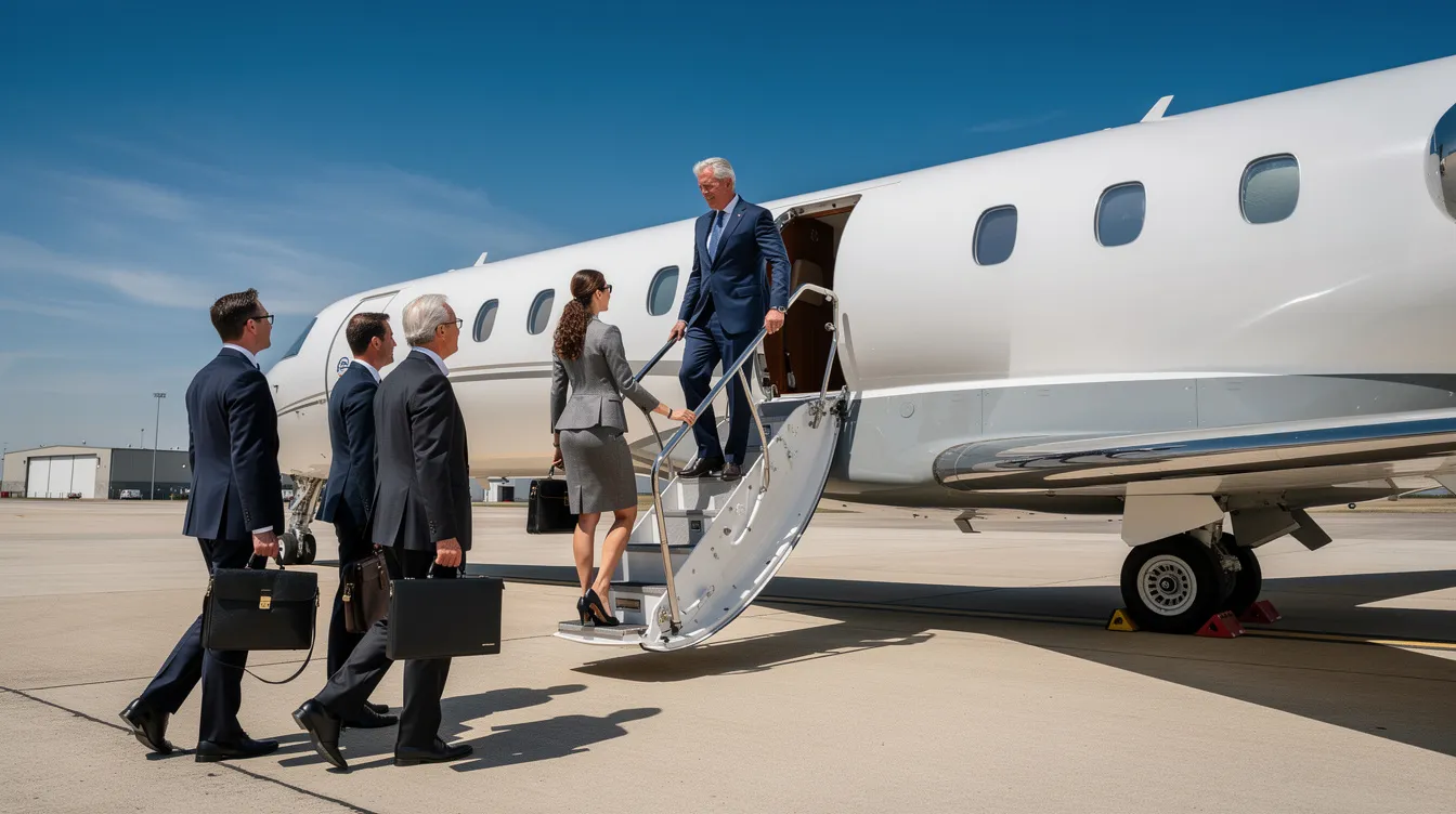 A group of senior executives in business attire are boarding a private jet via airstairs on a clear day, ready for their flight from Muscat International Airport. The scene captures the essence of corporate travel, highlighting the luxury and efficiency of private jets.