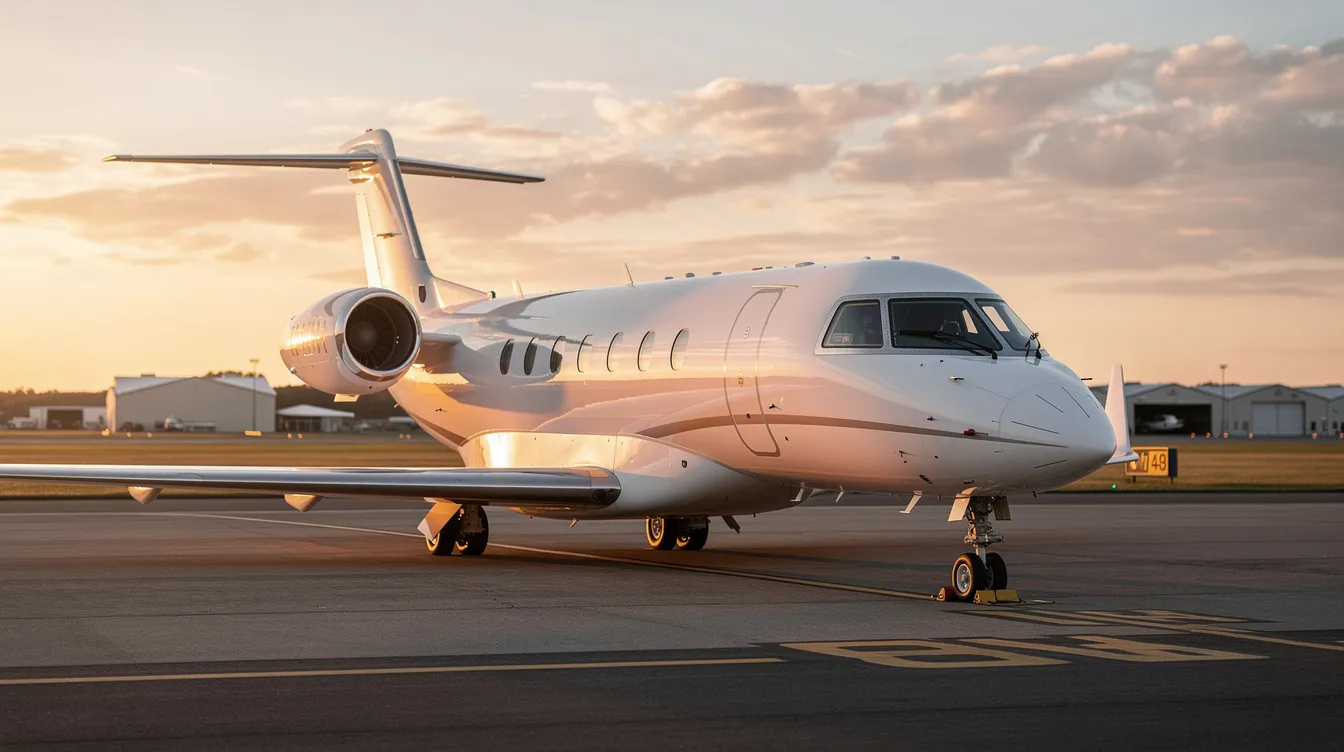 A sleek private jet is parked on a quiet tarmac at a small regional airport, bathed in the warm glow of golden hour. The scene captures the tranquility of the airport, often frequented by senior executives and travelers, with the aircraft's polished wings and tail reflecting the soft light.