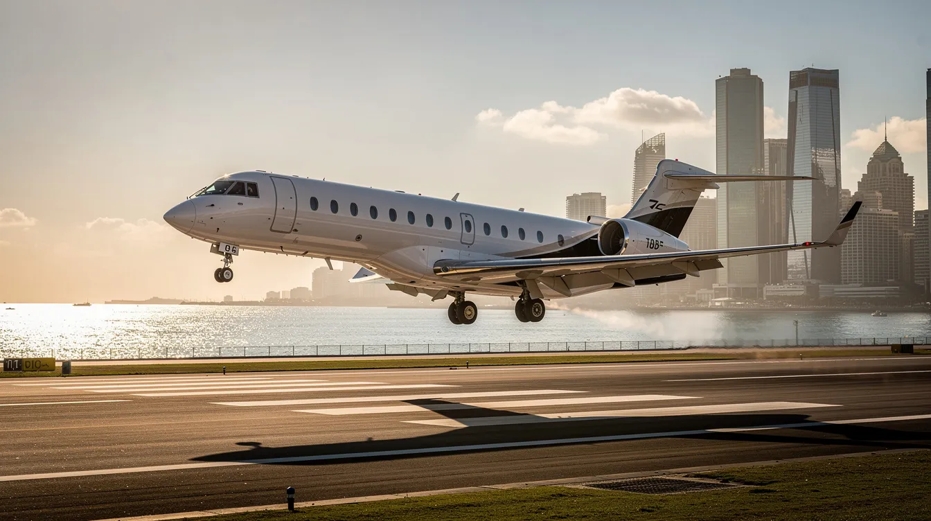 A business jet is landing at a coastal airport, with a vibrant city skyline visible in the background. This scene highlights the convenience of private jet travel, allowing passengers to arrive directly at their final destination without the hassle of long security lines or commercial flights.