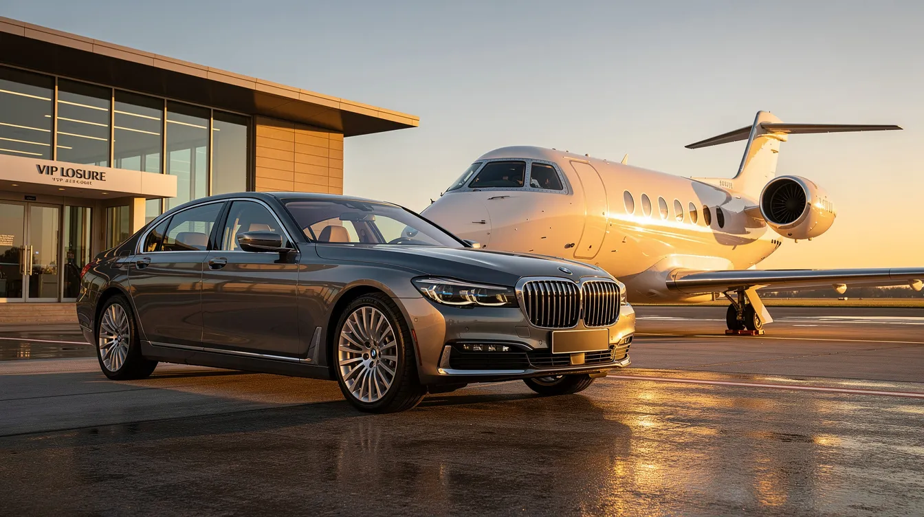 A luxury sedan is parked next to a small business jet at a private terminal, illustrating the convenience and efficiency of private jet travel. This scene highlights the personalized service and time-saving benefits of flying private, allowing travelers to bypass long security lines and enjoy a seamless journey to their final destination.