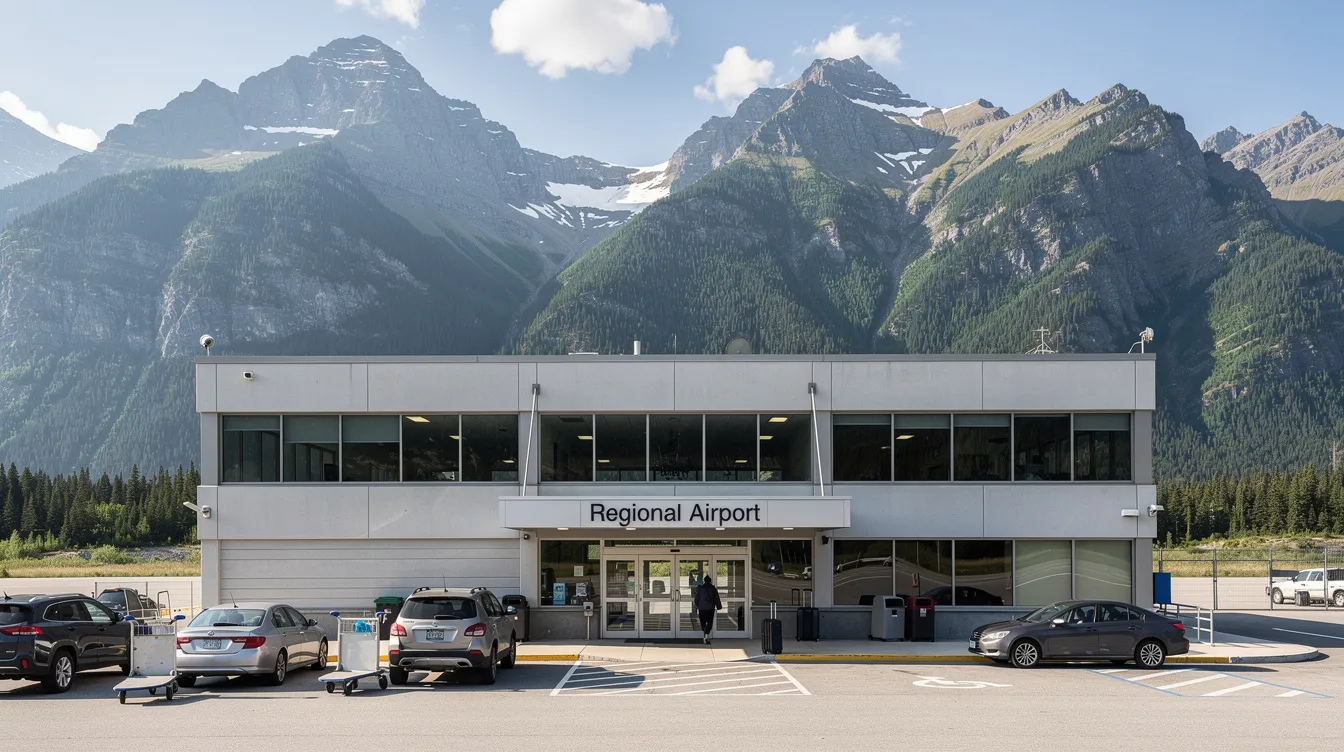 The image shows a small regional airport terminal building set against a backdrop of majestic mountains. This location caters to private flights and commercial airlines, providing a serene atmosphere for travelers embarking on their journeys.