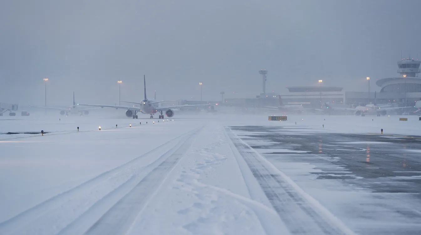 The image depicts a snowy airport runway with an aircraft visible in the distance, highlighting the challenges of private air travel during winter conditions. This scene reflects the operations of private jet charters and the impact of weather on flight schedules and safety.