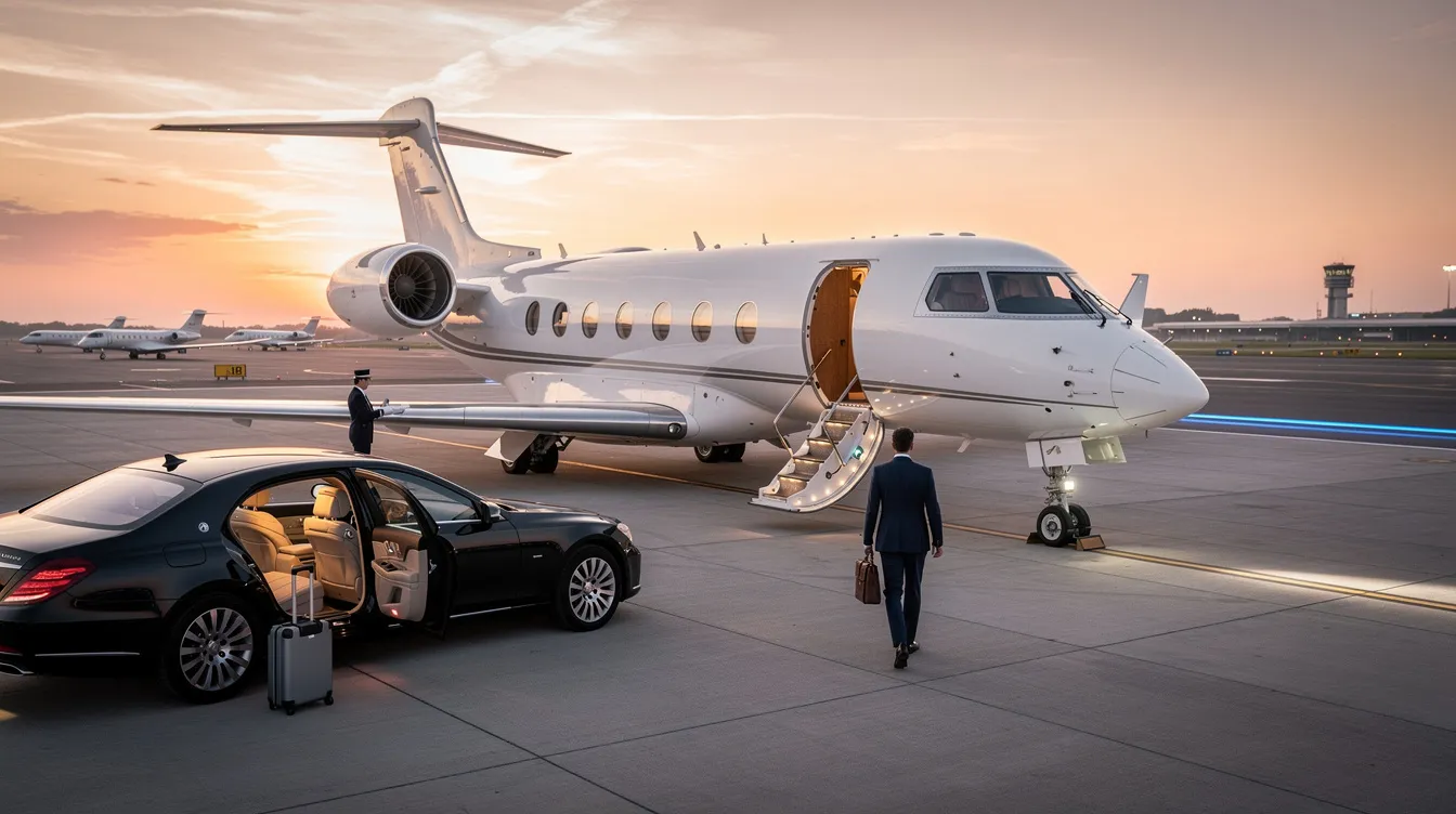 The image depicts a luxurious private jet parked at a well-maintained airport, highlighting the elegance of private aviation. This aircraft represents the convenience of private flights and private jet charters, allowing passengers to travel with ease and flexibility, avoiding the hassles of commercial airlines.