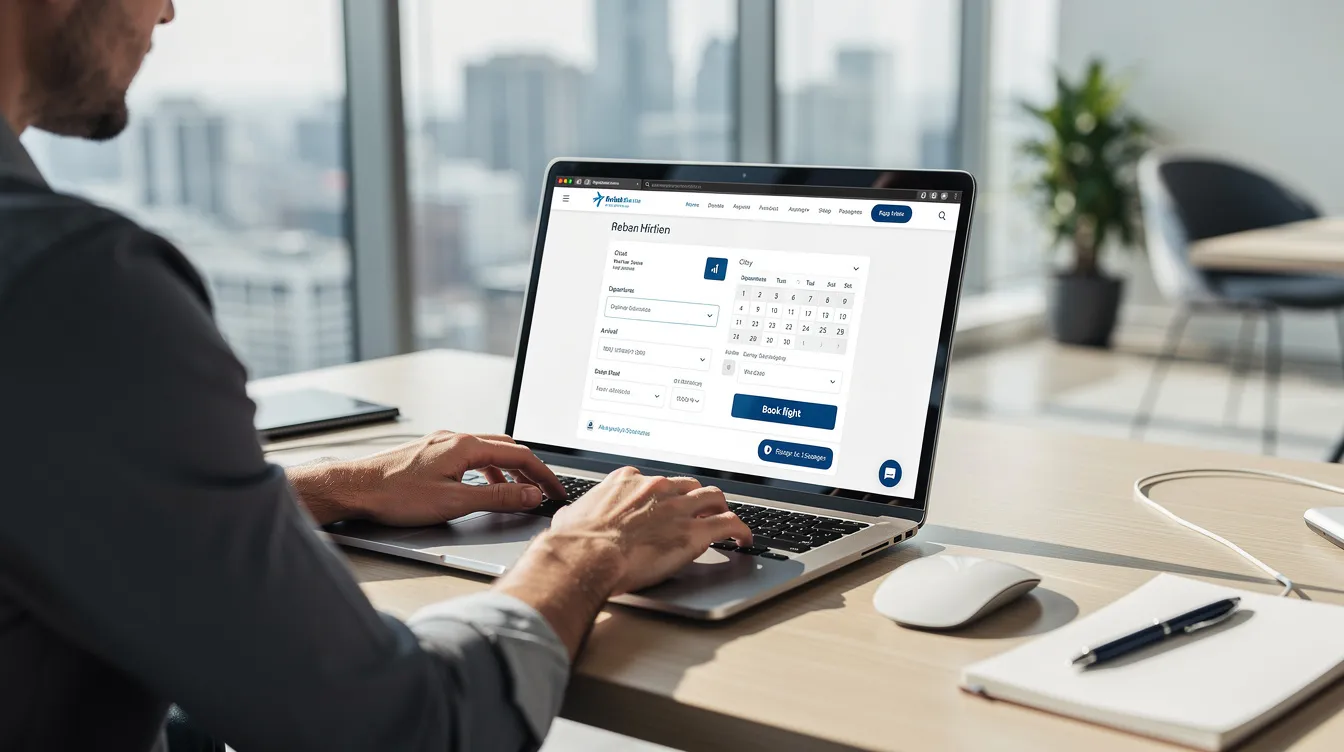 A person is seated at a modern office desk, using a laptop that displays a flight booking interface, highlighting options for airline crew transportation services and charter flights. The scene emphasizes a professional environment where efficient transport solutions for groups and corporate events can be planned seamlessly.