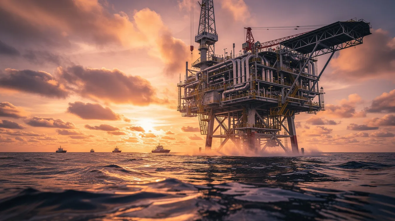 The image depicts an offshore oil platform silhouetted against a vibrant sunset, with the ocean waters reflecting shades of orange and purple. This scene captures the essence of a remote industrial site, essential for airline crew transportation services and efficient transport solutions for professionals working in challenging environments.