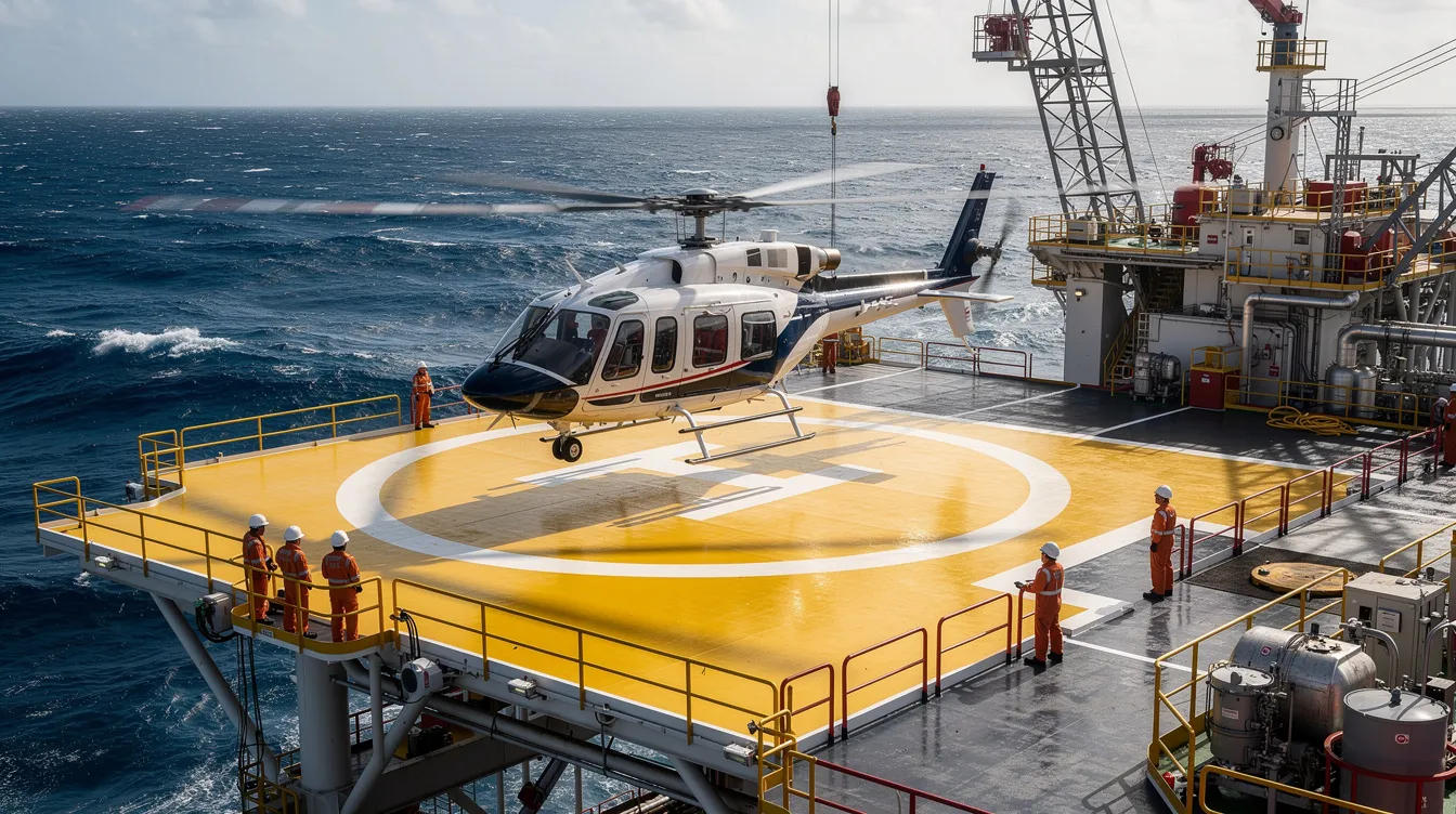 A helicopter is seen landing on an offshore oil platform, surrounded by vast open ocean waters. This scene highlights the importance of private aviation for accessing remote sites, providing efficient transportation options for business travelers and charter services.