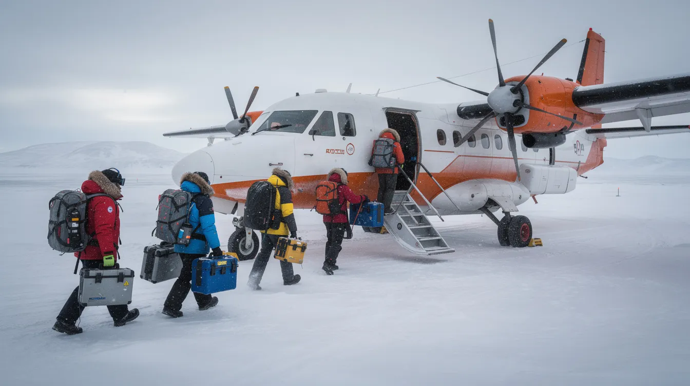 A research team dressed in winter gear is boarding a small private aircraft on a snow-covered airstrip, ready for their charter flight to remote sites. The scene captures the essence of private aviation, highlighting the personalized service and efficiency of traveling to challenging destinations.