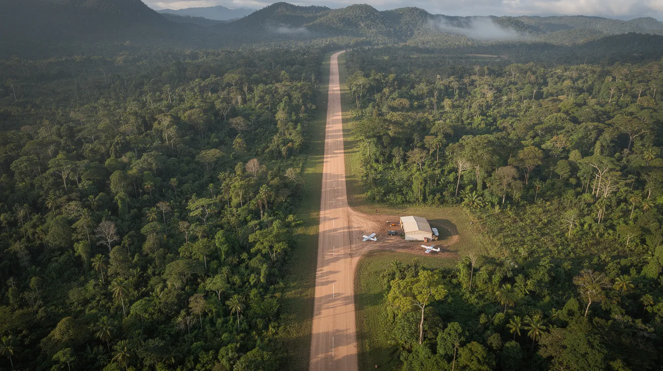An aerial view captures a small, remote airstrip nestled within a dense forest wilderness, highlighting the exclusive travel experience offered by private aviation. This secluded location provides easy access for private aircraft charter services, catering to business travelers and personalized service away from commercial flights and major cities.