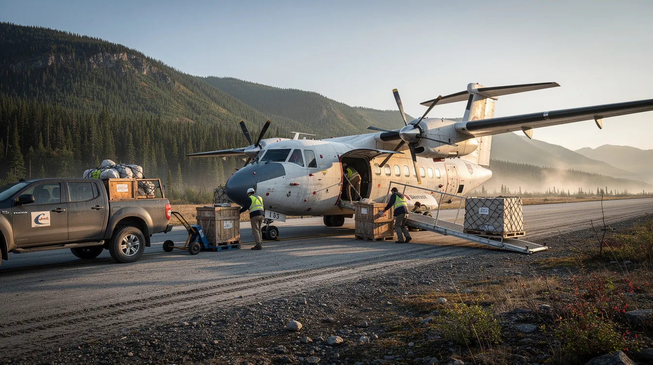 A turboprop aircraft is being loaded with cargo at a remote wilderness airstrip, showcasing the convenience of private aviation for transporting goods to hard-to-reach locations. This scene emphasizes the efficiency of charter flights that cater to the unique travel needs of business travelers and larger groups.