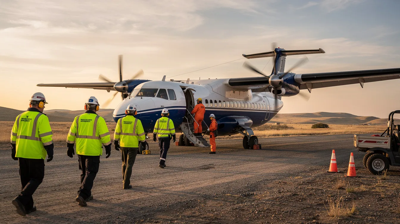 A group of workers in safety gear is boarding a turboprop aircraft at a remote airstrip, preparing for a mining charter flight to access remote mining sites. The scene highlights the essential role of air charter services in transporting personnel and equipment to critical mining operations in areas with limited infrastructure.