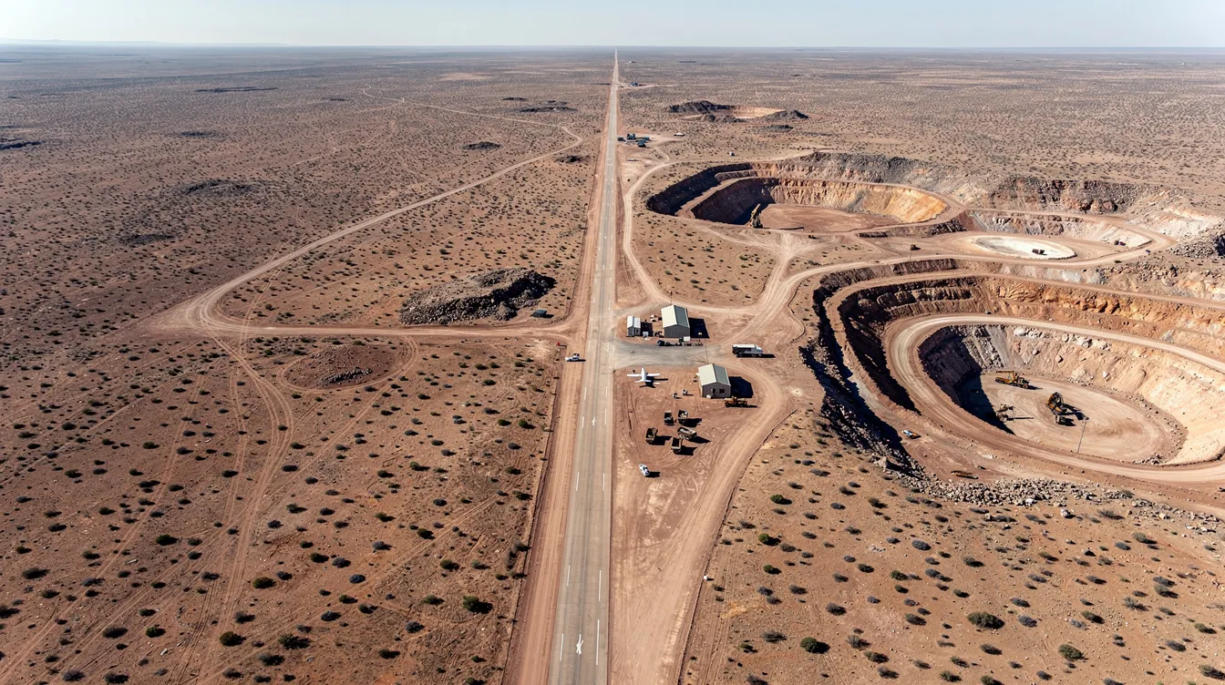An aerial view showcases a remote mining site in an arid landscape, featuring an airstrip that facilitates charter flights for mining companies. This location highlights the critical role of air charter services in accessing remote areas, enhancing mining operations, and transporting personnel efficiently.