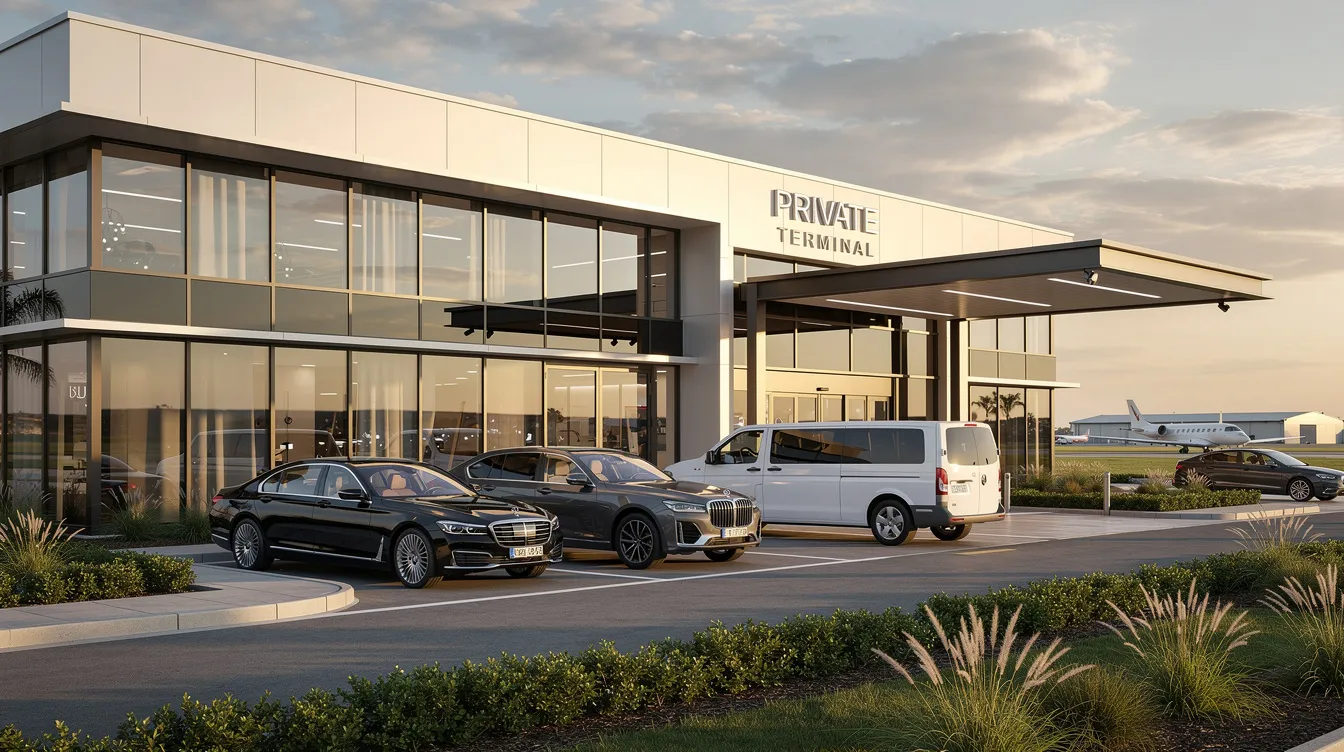 The image depicts a modern FBO private terminal with sleek architecture, featuring executive vehicles parked outside, ready to transport clients for their private jet journeys. This setting emphasizes the convenience and personalized service associated with private aviation, catering to corporate travel needs.