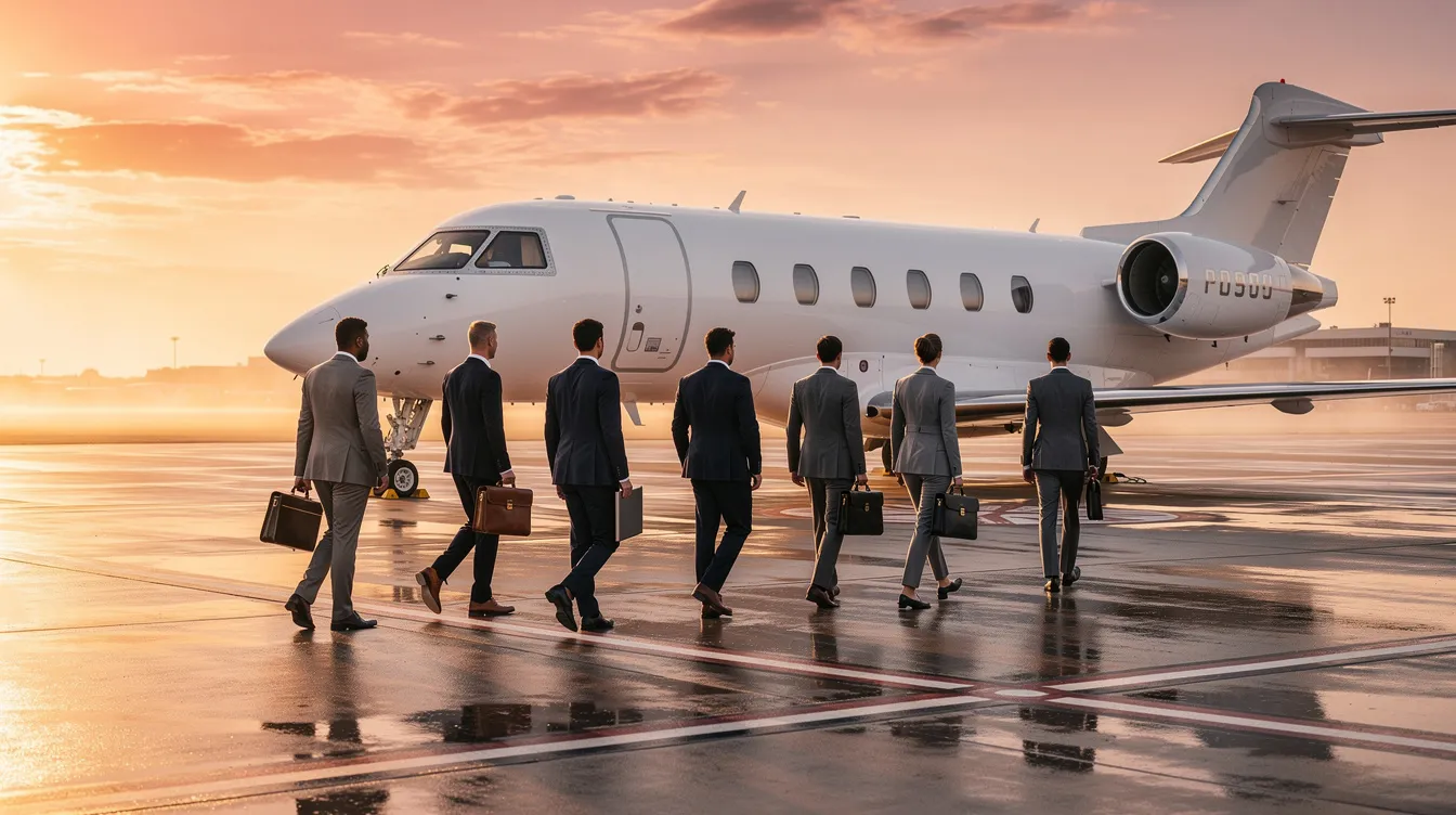 A group of business professionals in suits walks toward a sleek private jet on a tarmac, illuminated by the warm glow of sunrise. This scene captures the essence of private aviation and corporate travel, highlighting the convenience and premium service associated with private jet charters.