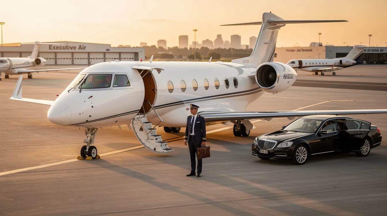 The image depicts a sleek private jet parked at a private terminal, showcasing the exclusive environment of corporate shuttle flights. This setting emphasizes the operational efficiency and reliable service of a dedicated corporate shuttle management service, ideal for businesses with tight schedules and multiple sites.