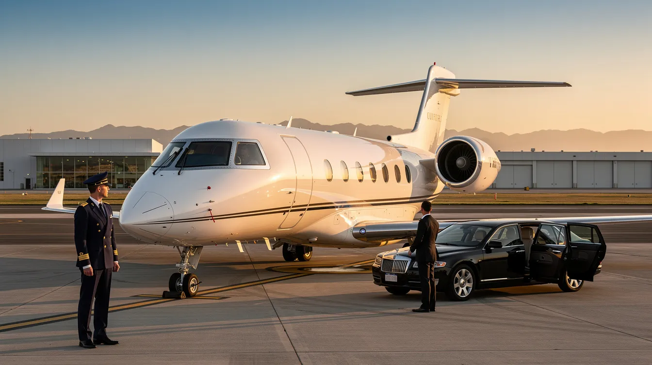 The image depicts a sleek private jet parked at a private terminal, showcasing the exclusive environment of corporate shuttle flights. This setting emphasizes the operational efficiency and reliable service of a dedicated corporate shuttle management service, ideal for businesses with tight schedules and multiple sites.