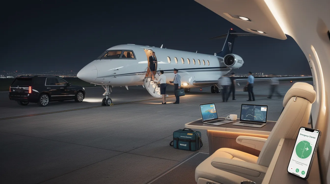 An image depicting an emergency private jet charter scene, showcasing a sleek private jet on a runway, ready for rapid deployment to transport patients and medical personnel to critical locations. The aircraft is surrounded by medical supplies and equipment, emphasizing its vital role in emergency response situations, such as natural disasters or humanitarian efforts.