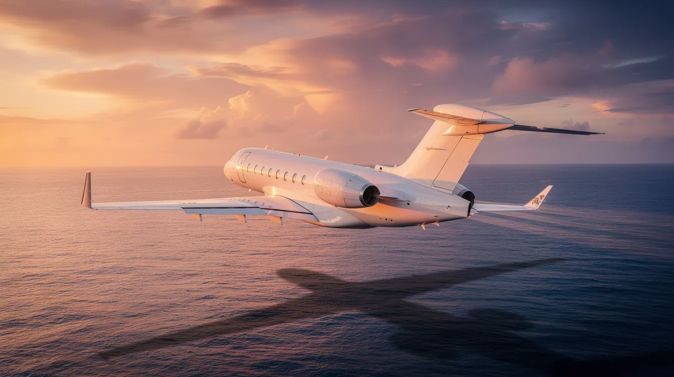 A private jet aircraft soars over a vast ocean during a vibrant sunset, symbolizing the crucial role of emergency charter services in humanitarian efforts and disaster relief operations. This scene highlights the importance of private jets in transporting medical personnel and delivering essential supplies to remote locations during natural disasters.