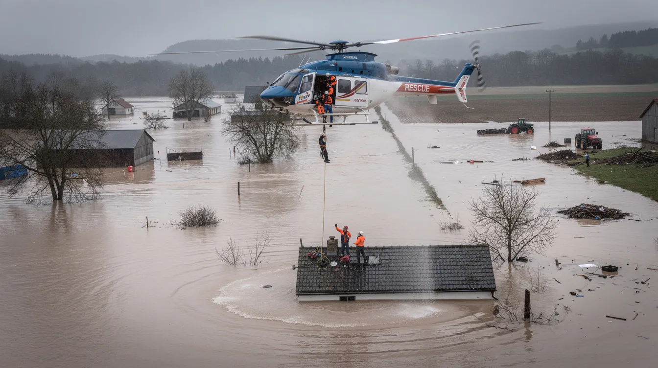 A helicopter hovers above a flooded rural area, actively participating in a rescue operation, as relief personnel prepare to deliver essential medical supplies and aid to those affected by the disaster. The scene highlights the critical role of emergency charter services in reaching remote locations during natural disasters.