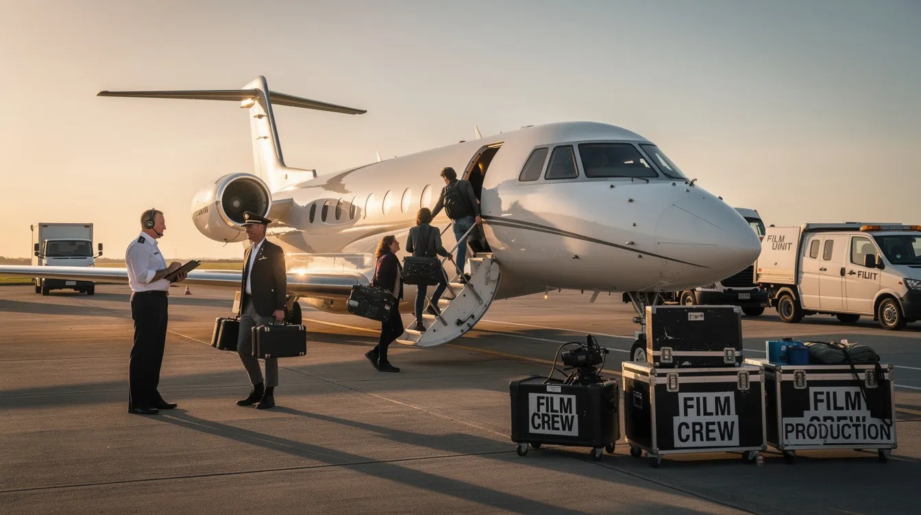 The image depicts a private jet charter, specifically designed for the film and TV industry, showcasing the aircraft ready for transporting cast and crew to remote locations. This efficient service enables production teams to adhere to tight schedules and manage last-minute changes while ensuring valuable equipment is safely onboard.