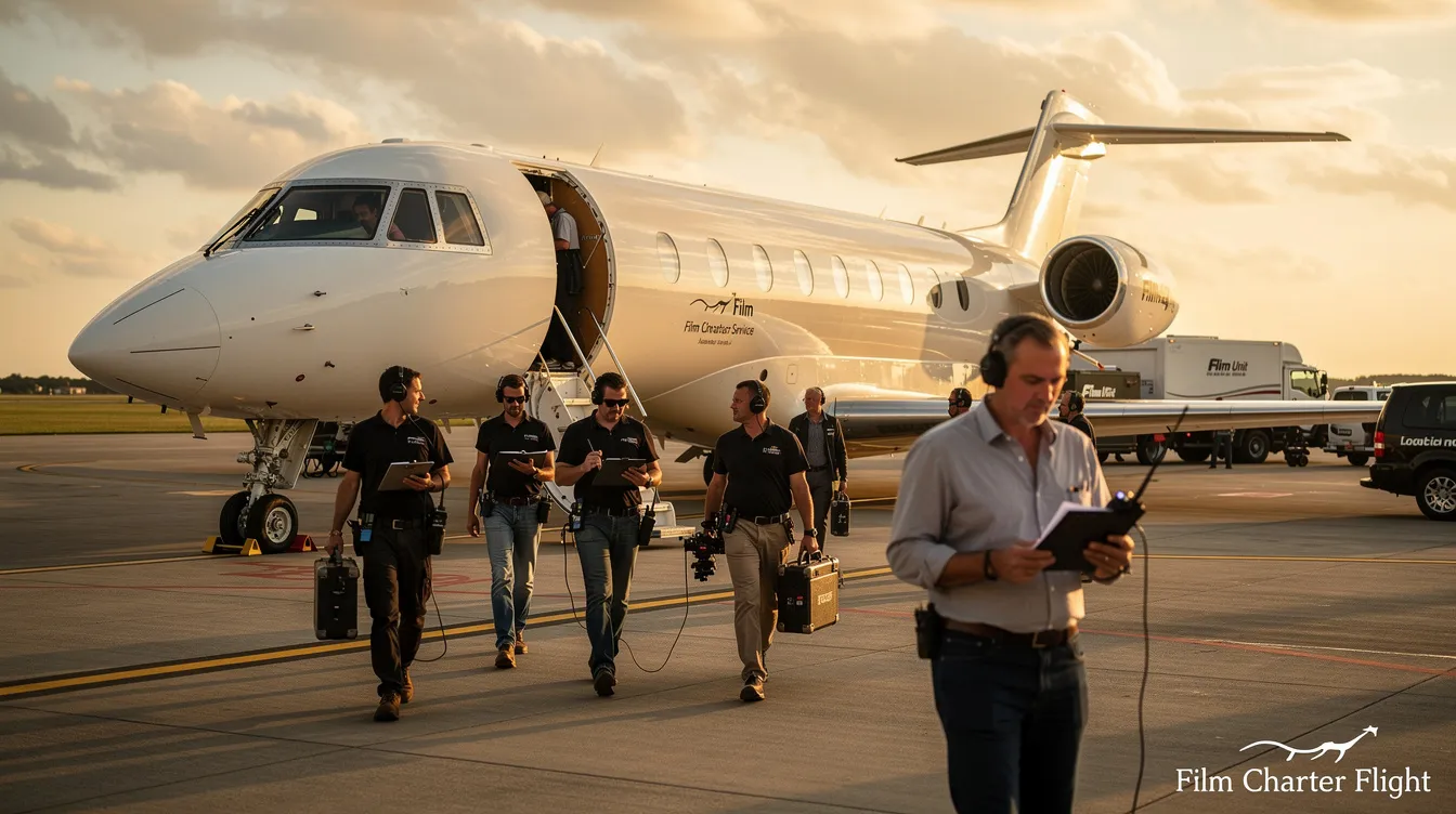 The image depicts a sleek private jet on a runway, symbolizing the importance of aircraft charter in the fast-paced world of the film and TV industry. It highlights how charter flights efficiently transport production crews, cast, and valuable equipment to remote locations, ensuring a smooth production schedule.