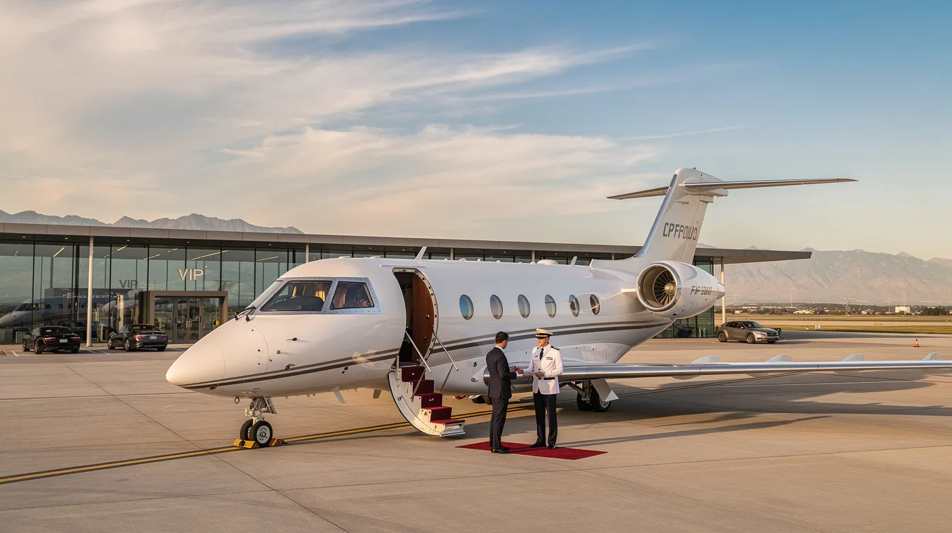 The image depicts a luxurious private jet at a private terminal, ready for a sports team charter flight. With dedicated team services and bespoke itineraries, athletes can relax and focus on their game while enjoying the convenience of direct access to arrival airports.