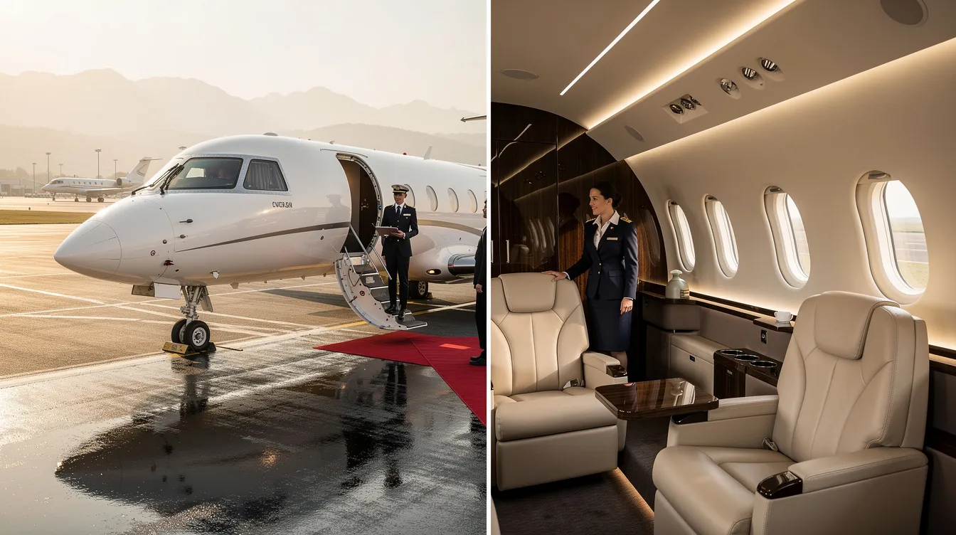 The image depicts a luxurious private jet at a private terminal, ready for a sports team charter flight. With dedicated team services and bespoke itineraries, athletes can relax and focus on their game while enjoying the convenience of direct access to arrival airports.