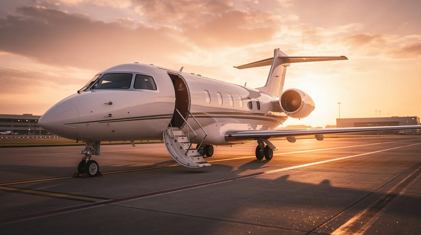 A private jet aircraft is parked on the tarmac at sunset, with its stairs extended, ready for passengers to board. This scene highlights the convenience and luxury of private jet charter services, ideal for sports teams traveling to their next game or event.