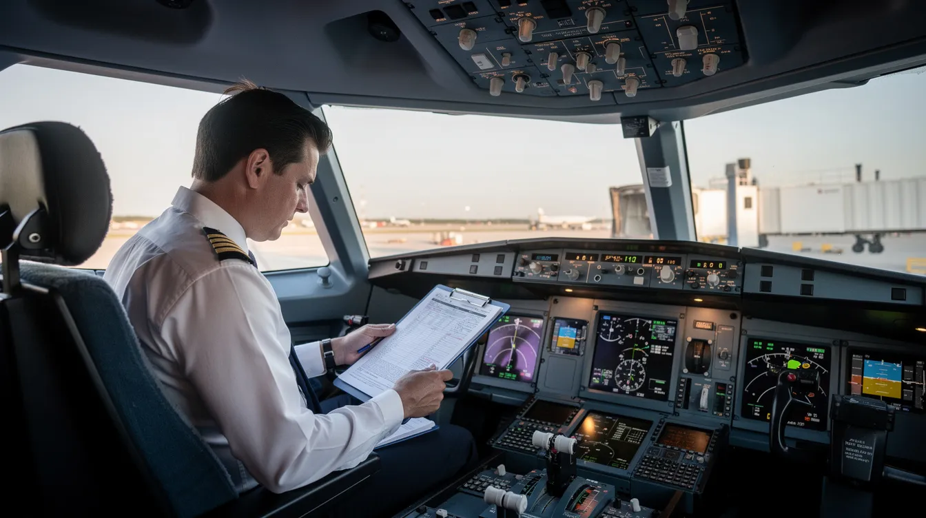 A pilot is seated in an aircraft cockpit, meticulously reviewing documentation before departure, ensuring all security conditions and operational requirements are met for the upcoming flight. This preparation is crucial for government air charter services, which support various missions and transportation needs for government agencies and officials.
