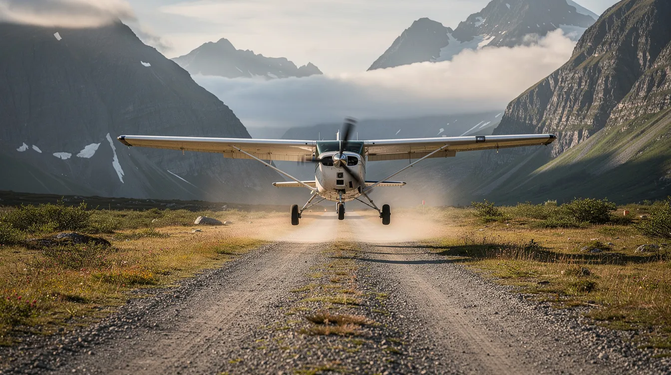 A small aircraft is landing on a remote gravel runway surrounded by rugged mountainous terrain, illustrating a scene typical for government air charter services that facilitate transportation to inaccessible locations. The aircraft's approach highlights the challenges and beauty of such operations in supporting missions and delivering essential supplies.