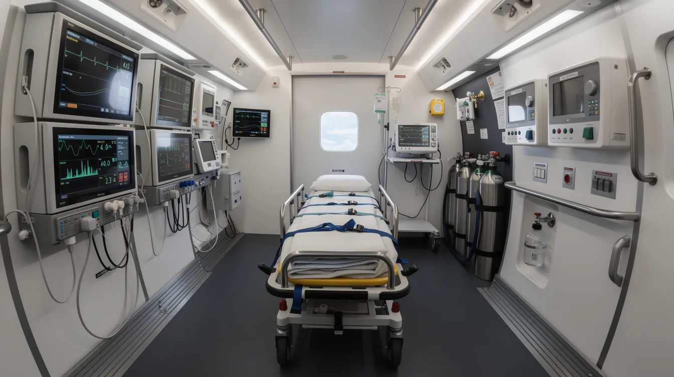 The image depicts the interior of a medical aircraft, featuring a stretcher equipped with advanced monitoring equipment, designed for air ambulance services. This space is intended for transporting patients in critical care, ensuring they receive expert medical attention during their flight to a medical facility.