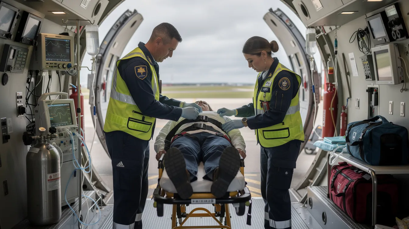 A medical team is seen preparing for patient transport on an aircraft, showcasing medical professionals equipped with advanced life support equipment. This scene highlights the urgency and care involved in air ambulance services, ensuring that the patient's medical condition is addressed with the highest level of expertise during medical air transport.