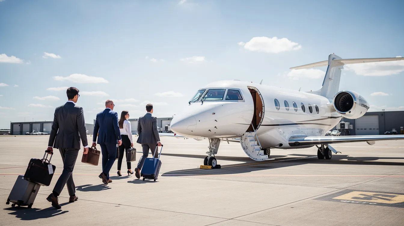 A group of business travelers walks toward a private jet under a bright, sunny sky, ready for their immediate departure. This scene highlights the convenience and luxury of private jet travel, offering an alternative to commercial flights for those with busy schedules.