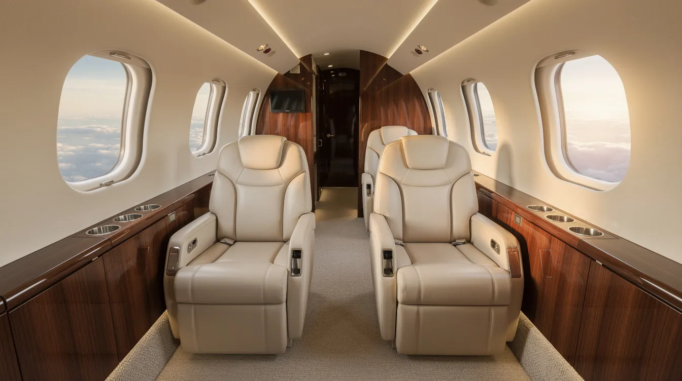 The image showcases the luxurious interior of a midsize private jet, featuring plush leather seats and elegant wood paneling, designed for a premium travel experience. This private jet is perfect for travelers seeking comfort and convenience during their flight.