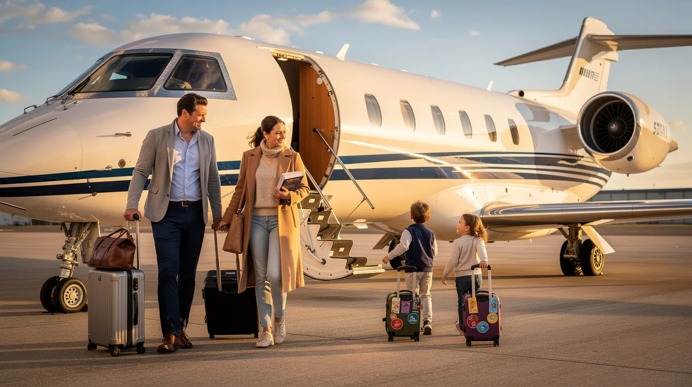 A family is seen boarding a midsize private jet, accompanied by their luggage, showcasing the convenience and luxury of private jet travel. This scene highlights the personalized service and benefits of private jet charter, making it an ideal choice for both leisure travel and business travelers.