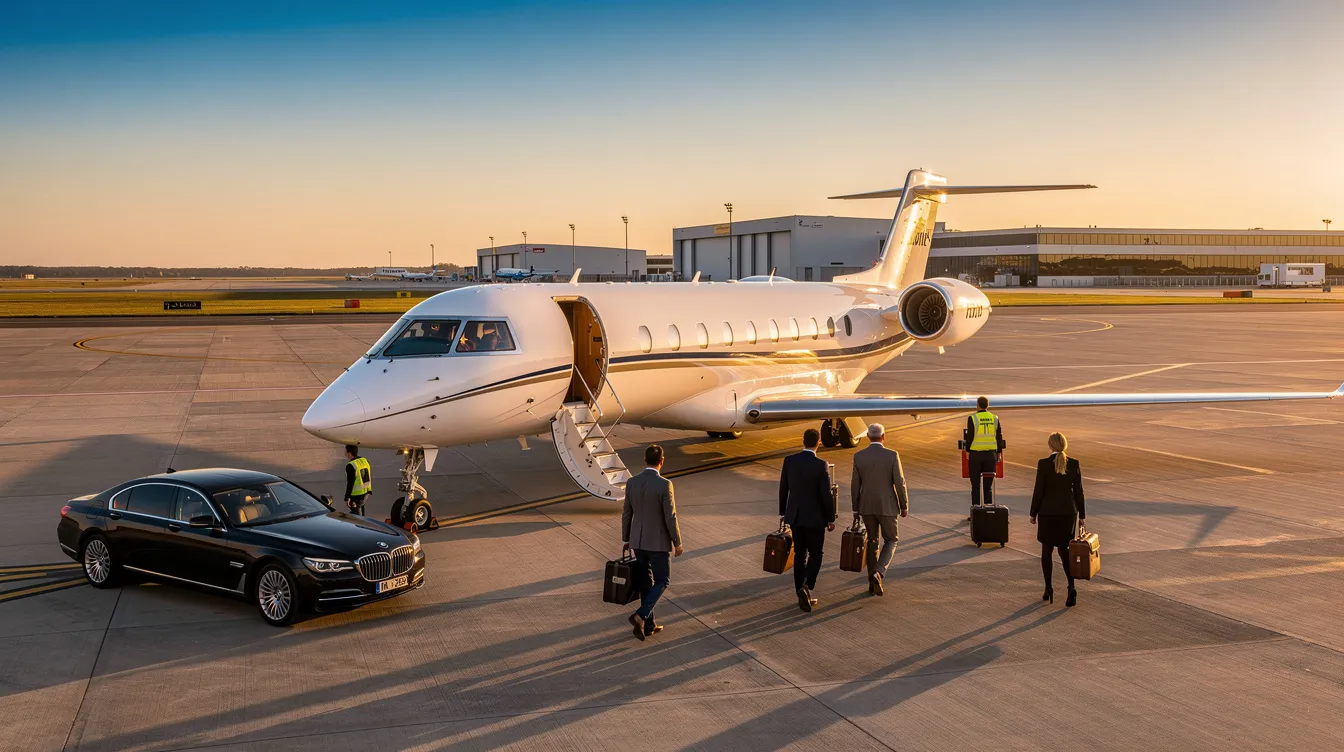 The image showcases a sleek modern private jet parked at a smaller airport, highlighting the advantages of private aviation over commercial airlines. This visual emphasizes the luxury and efficiency of private jet travel, where private jets fly faster and offer direct routes to desired destinations, saving time for travelers.