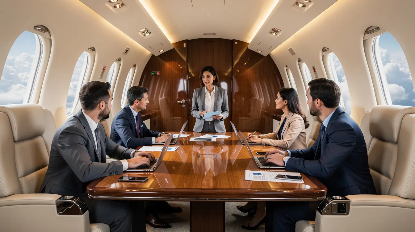 A group of business professionals is engaged in a meeting inside the spacious cabin of a modern private jet, with laptops open and documents spread out, showcasing the advantages of private jet travel over commercial flights. The luxurious setting emphasizes the efficiency and speed of private aviation, allowing for more direct routes and time savings compared to conventional commercial airlines.