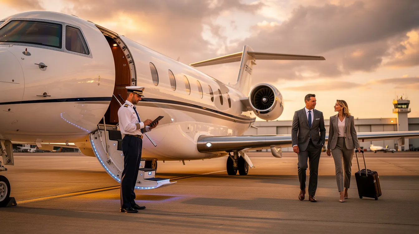 The image depicts a sleek private jet parked at a remote airport, showcasing the luxury of private aviation. This scene highlights the ease of private jet travel, allowing passengers to land closer to their final destination without the hassle of crowded terminals and long security lines typically found at major international airports.