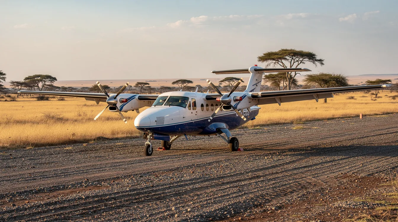 A small turboprop aircraft is parked on a gravel airstrip, with the vast African savanna stretching out in the background. This scene highlights the accessibility of remote locations for private jet travelers seeking unique destinations away from major international airports.