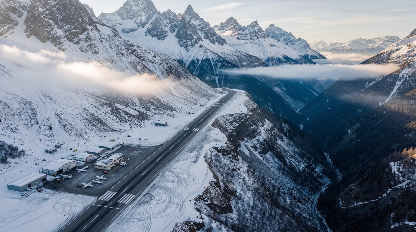 An aerial view captures a small mountain airport runway nestled among snow-covered peaks, ideal for private jet travelers seeking access to remote destinations. The scene highlights the airport's suitability for light jets and smaller aircraft, emphasizing its charm for business travelers and private aviation enthusiasts.
