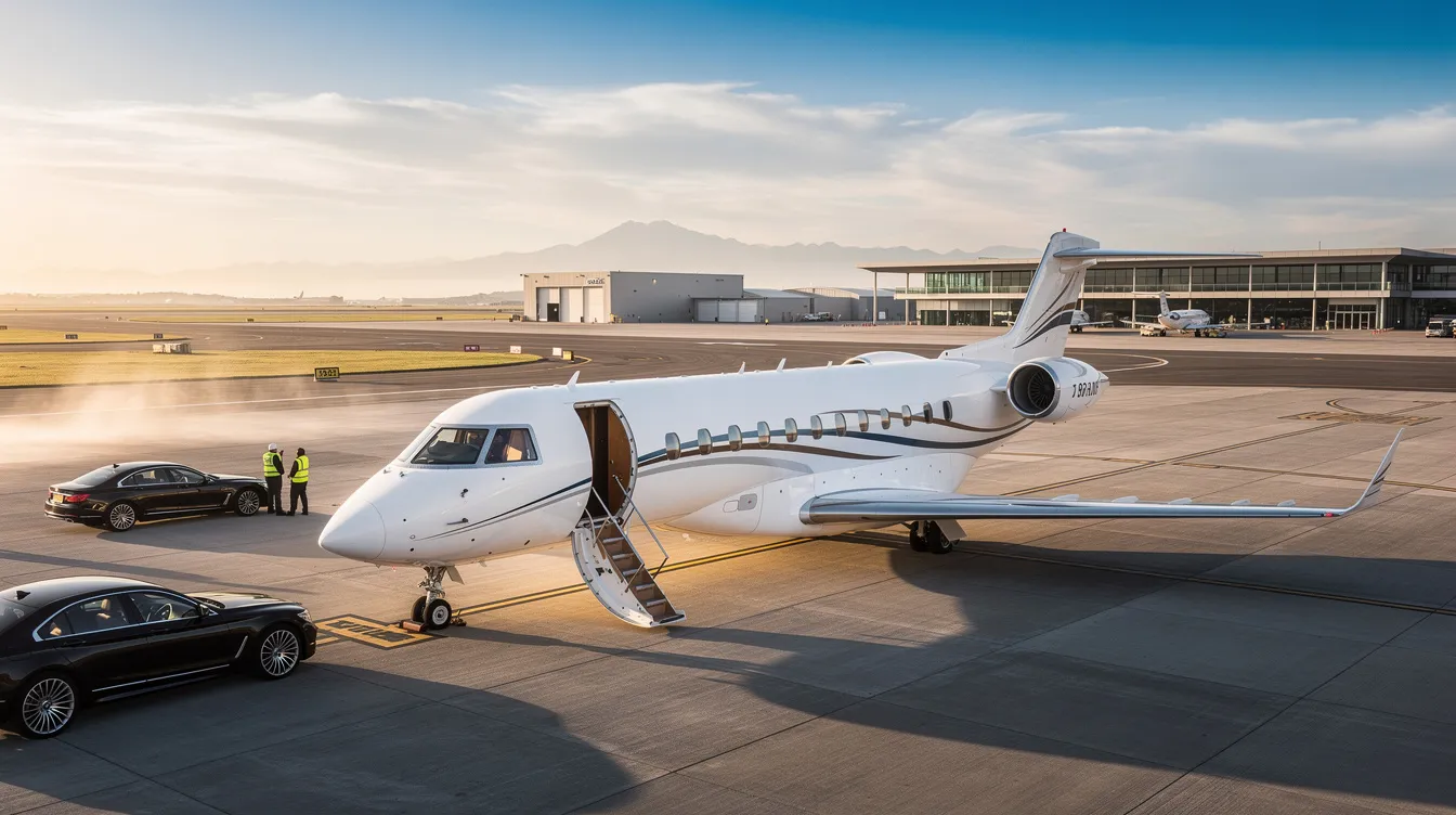 The image depicts a sleek private jet parked at a smaller airport, showcasing its spacious three-zone cabin designed for business travelers. This small aircraft offers a fuel-efficient and comfortable flying experience, allowing private jet travelers to access regional airports and avoid crowded terminals.
