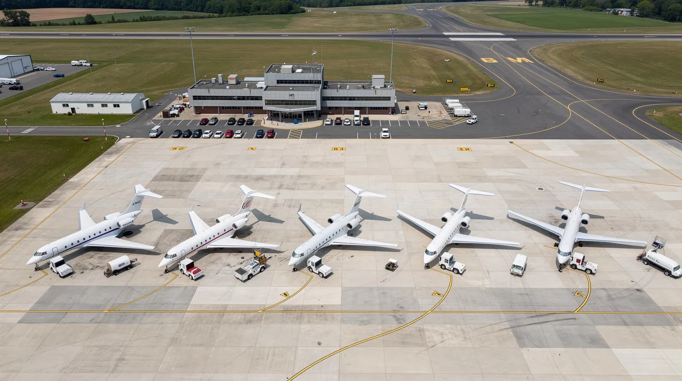 An aerial view showcases a regional airport with several private jets parked on the ramp, highlighting the convenience and luxury of private jet travel for business leaders and private jet travelers. The scene emphasizes the growing private aviation market, providing access to exclusive destinations without the crowds of commercial flights.
