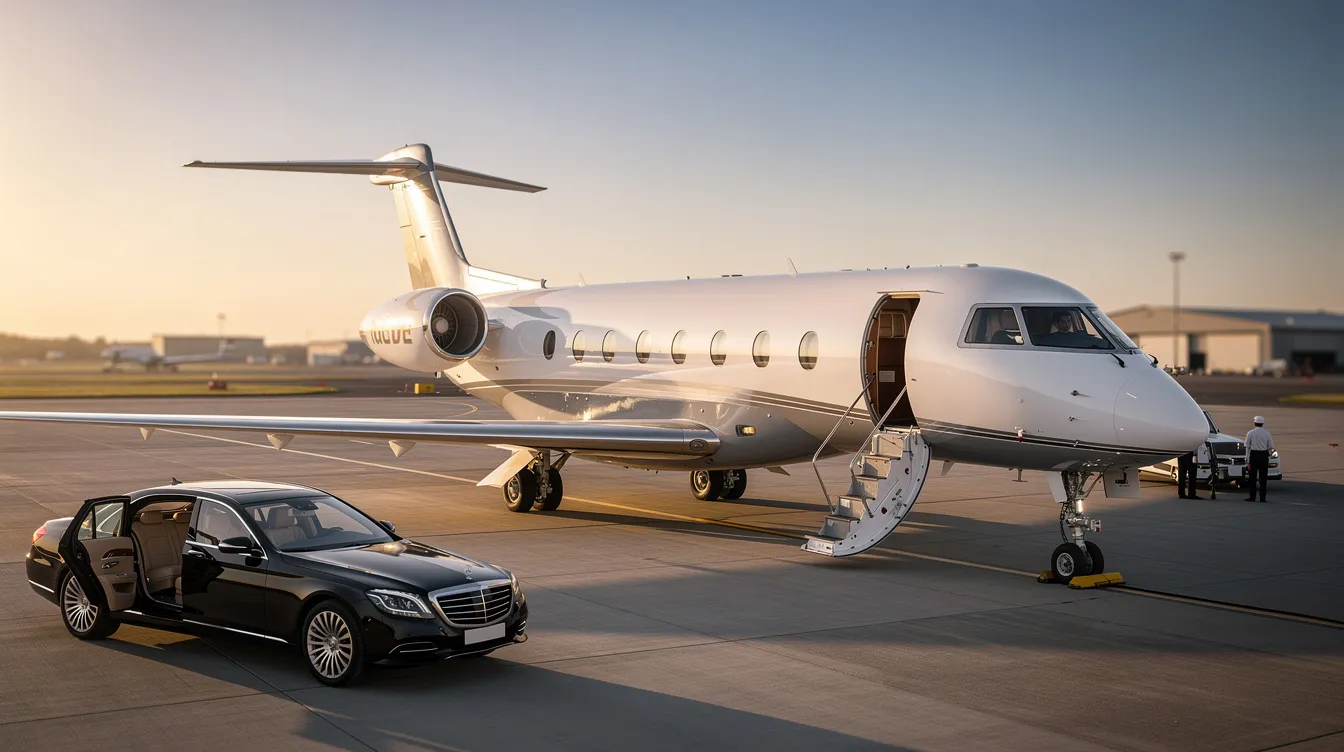An elegant private jet is parked at a private terminal, ready for passengers to board for their next journey. This image captures the essence of luxury travel in private aviation, highlighting the convenience and exclusivity of private jet charters for business leaders and leisure travelers alike.