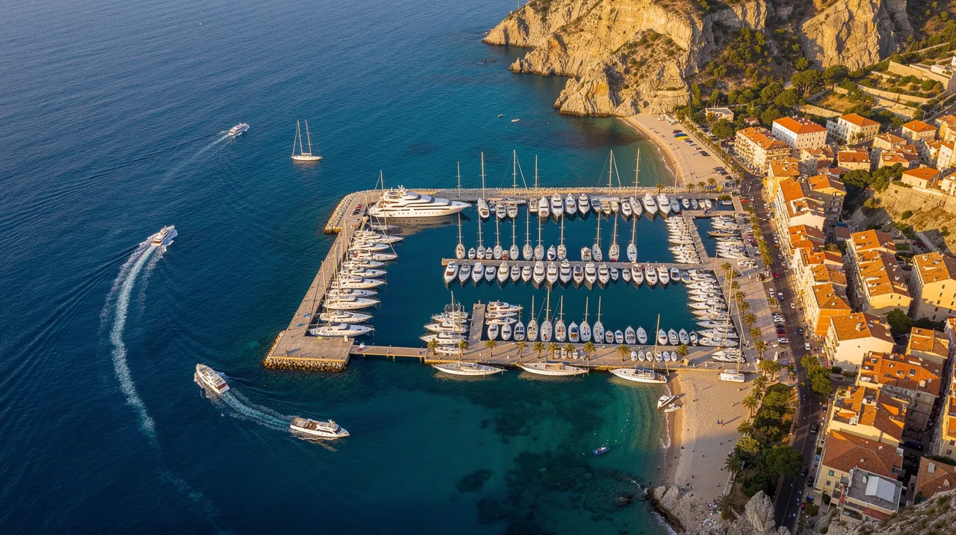An aerial view showcases the stunning Mediterranean coastline featuring a bustling harbor filled with luxurious yachts. This picturesque scene captures the essence of private jet travel, perfect for those seeking exclusive access to grand prix weekends and unforgettable experiences by the sea.
