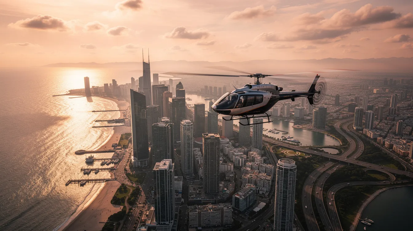 A helicopter soars over a coastal city bathed in the warm hues of sunset, offering a breathtaking view of the skyline and the shimmering sea below. This scene captures the essence of luxury travel, reminiscent of exclusive experiences like private jet charter during a grand prix weekend.