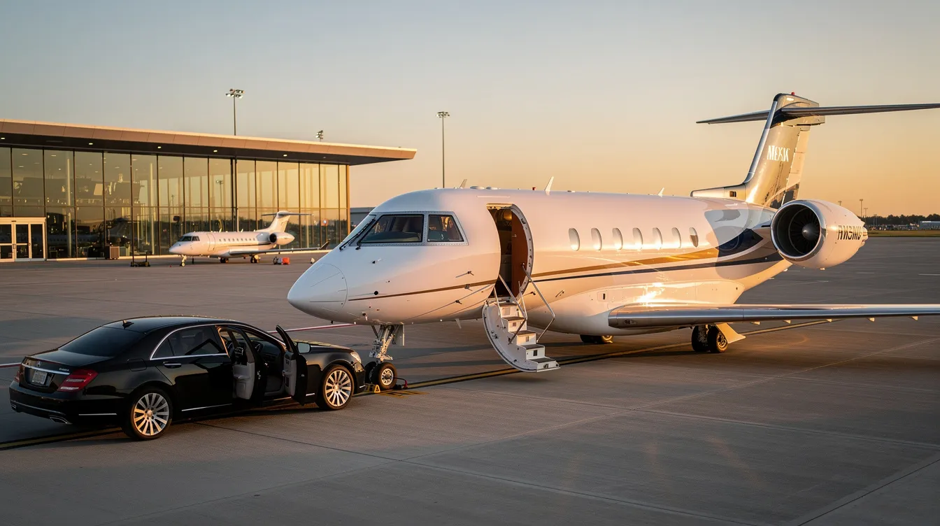 The image showcases a luxurious private jet parked at a smaller airport, ready for passengers to embark on a journey to major sporting events like the Super Bowl. The sleek design of the aircraft highlights the convenience and exclusivity of private aviation, perfect for football fans traveling to watch their favorite teams compete.